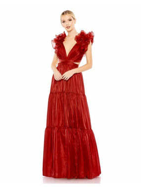 Women's Mac Duggal Red Ruffled V-Neck Cutout Tiered Maxi Dress Size 4